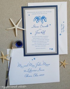 blue and silver beach wedding invitations