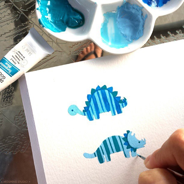 Hand-painted dinosaurs baby stationery illustrations / MospensStudio.com