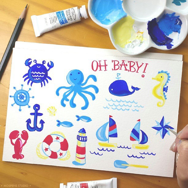 Hand-painted nautical baby stationery illustrations / MospensStudio.com
