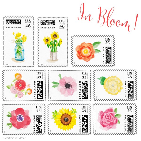 Watercolor flowers postage stamps by artist Michelle Mospens