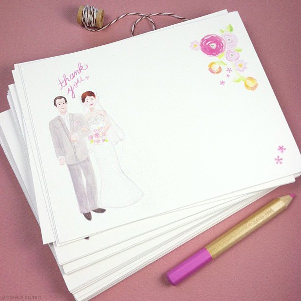 Custom thank you cards with wedding couple | Mospens Studio