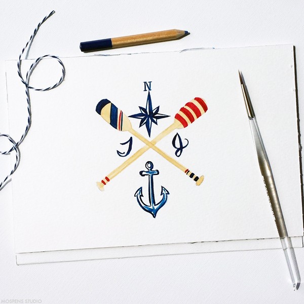 Hand-painted nautical wedding invitation design | www.mospensstudio.com