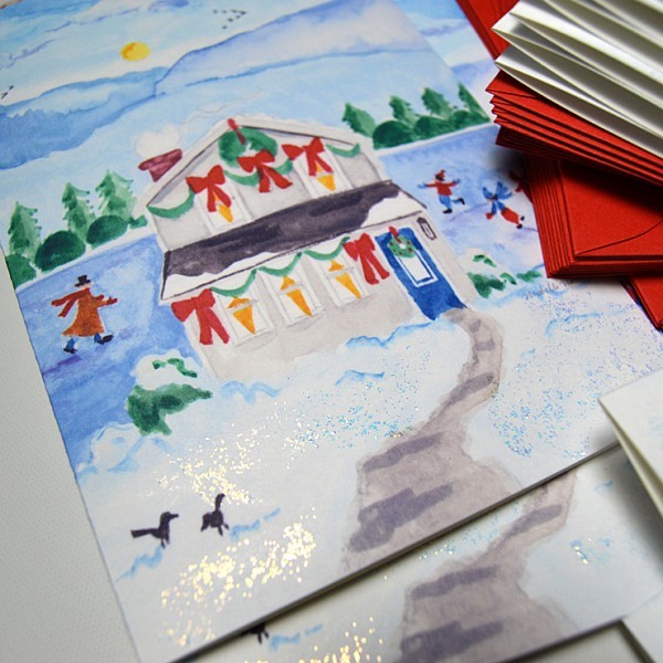 Custom illustrated lake cottage Christmas Cards. - www.mospensstudio.com