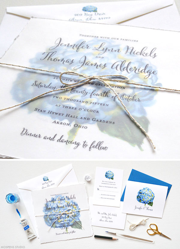 Blue watercolor hydrangea flower wedding invitations - www.mospensstudio.com