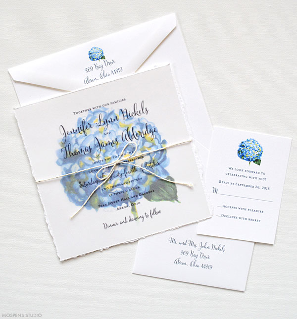 Blue watercolor hydrangea flower wedding invitations - www.mospensstudio.com