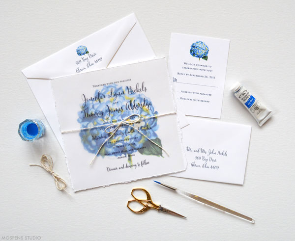 Blue watercolor hydrangea flower wedding invitations - www.mospensstudio.com