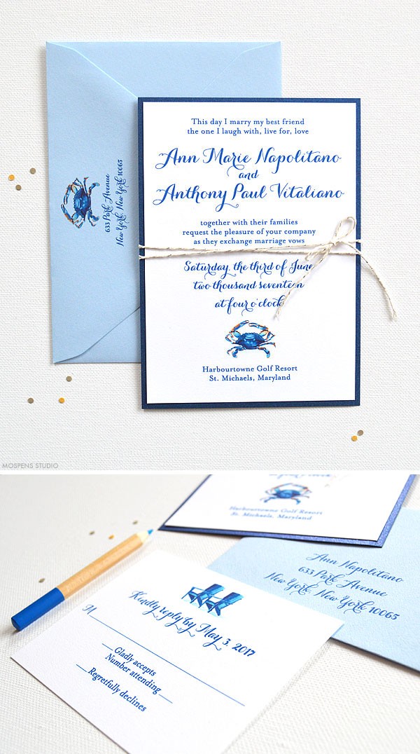 Watercolor blue crab wedding invitations and stationery - www.mospensstudio.com