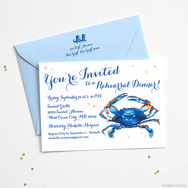 Fun watercolor blue crab wedding rehearsal dinner invitations - www.mospensstudio.com
