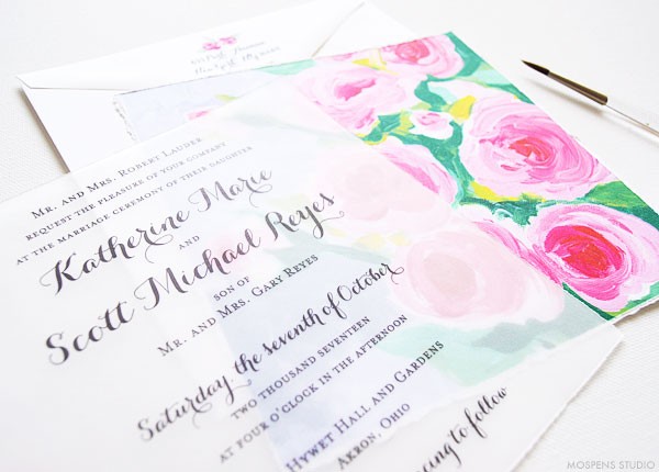 Hand painted floral wedding invitations - www.mospensstudio.com