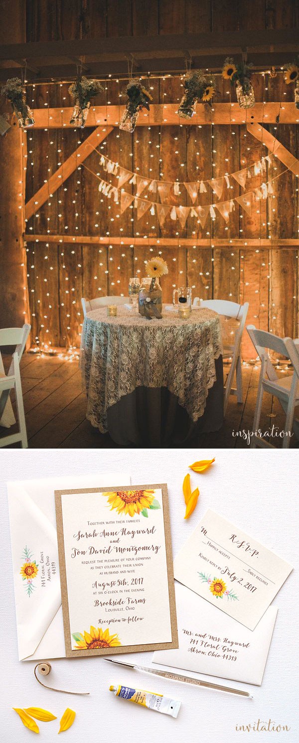 Charming rustic wedding ideas - Twinkling lights, sunflowers, lace and burlap goes perfectly with sweet watercolor sunflower wedding invitations - www.mospensstudio.com