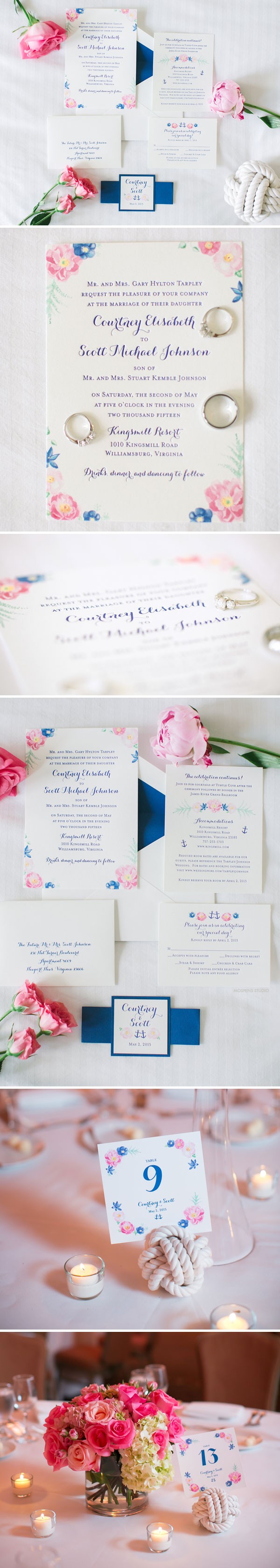 Elegant Floral Wedding Invitations - The custom design features original watercolor flowers and anchors artwork, letterpress printing, handmade custom belt, and envelope liner. www.mospensstudio.com