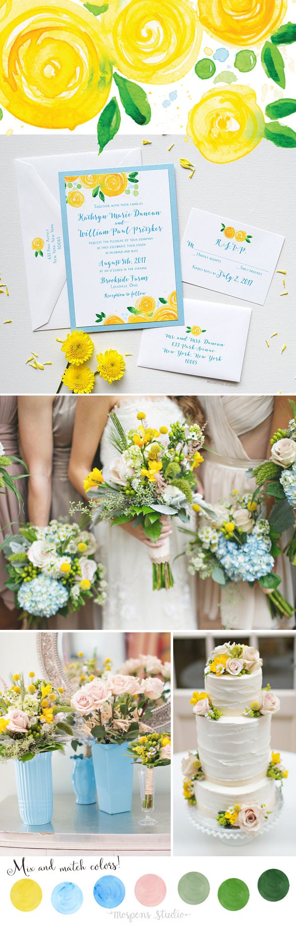 Modern Spring Wedding Ideas! Michelle Mospens original Yellow Rose Blooms hand-painted art in watercolor. Each design is then printed stroke for stroke for a LOVELY hand-painted effect. www.mospensstudio.com