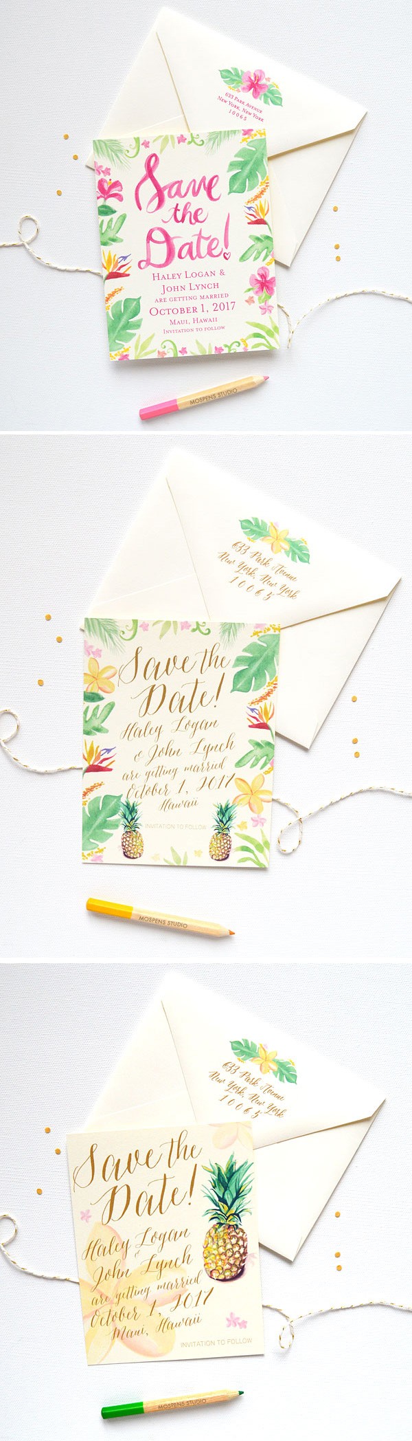 Fun and flirty! Tropical Hawaiian Save The Date Cards complete with pineapples and plumeria flowers. Perfect for a destination wedding!! - www.mospensstudio.com