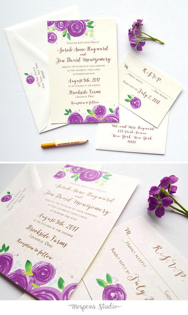 The Plum Rose Blooms Wedding Invitation design features original watercolor rose artwork on thick buttercream cards, and modern fonts in beautiful aged gold flat matte ink. Now available in navy blue, pink, berry, and peach! - www.mospensstudio.com