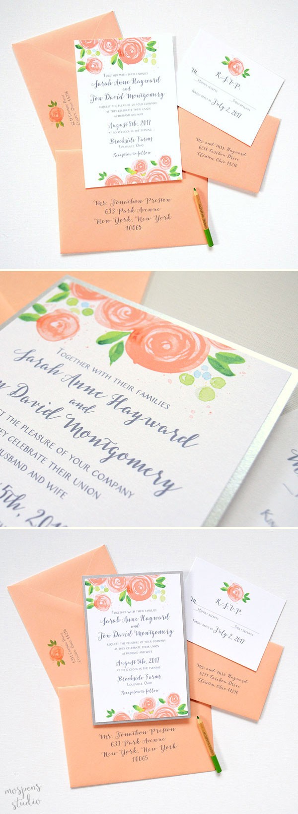 So pretty! Peach rose blooms wedding invitations by artist Michelle Mospens. 100% original watercolor art. - www.mospensstudio.com