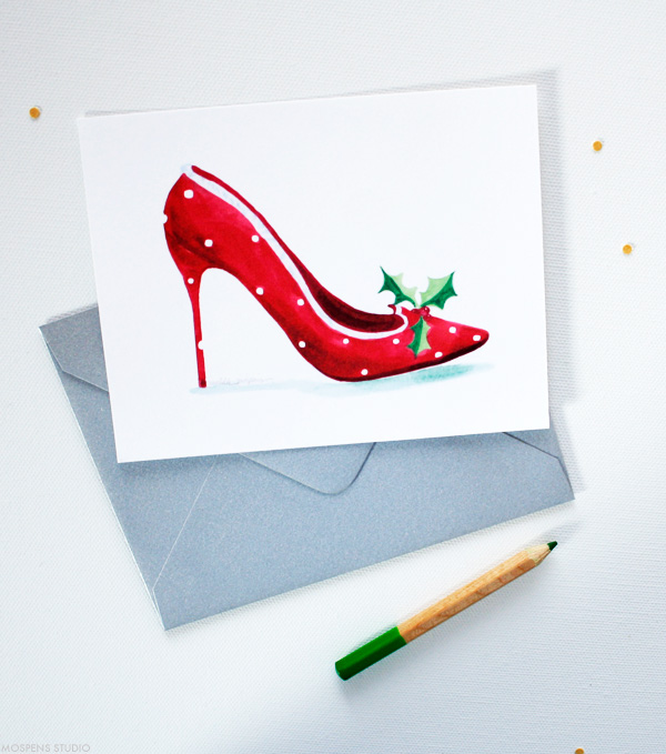 High Heel Shoe Note Card Christmas Chic, Red, Folded