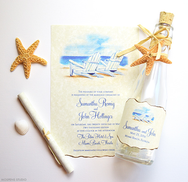 Beach wedding bottle invitation with watercolor beach chairs | www.mospensstudio.com