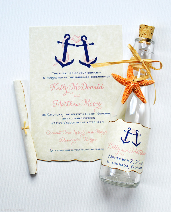 Nautical wedding bottle invitation with colorful anchors | www.mospensstudio.com