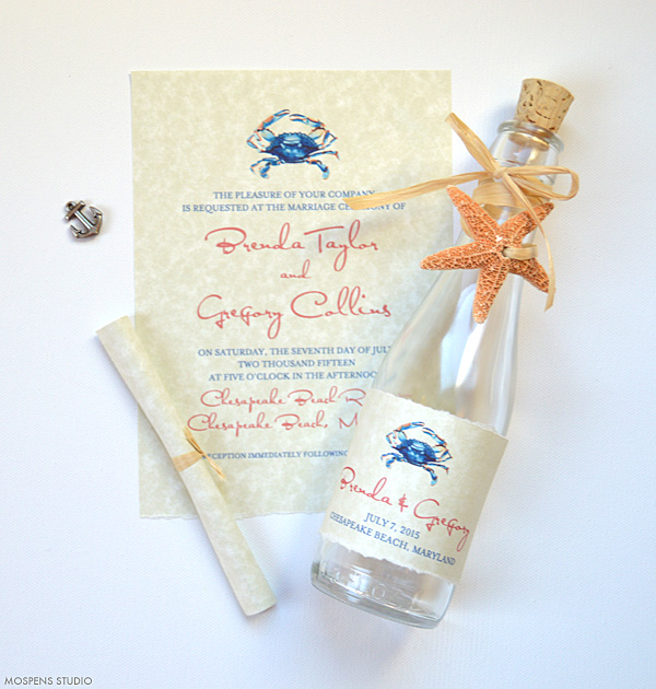 Nautical wedding bottle invitation with watercolor blue crab | www.mospensstudio.com