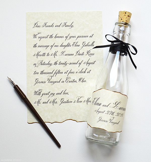 Elegant wedding bottle invitation with hand written font | www.mospensstudio.com