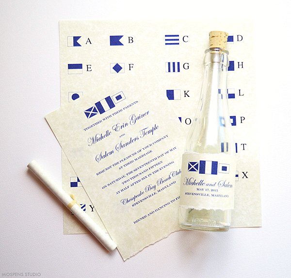 Nautical wedding bottle invitation with costomized nautical flags | www.mospensstudio.com