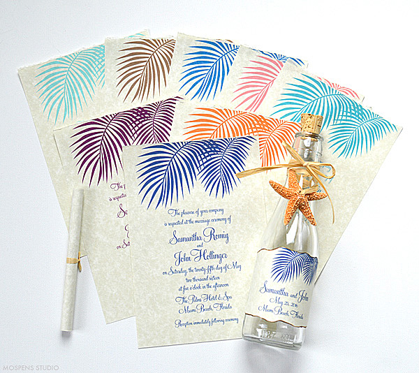 Beach wedding bottle invitation with palm leaves | www.mospensstudio.com