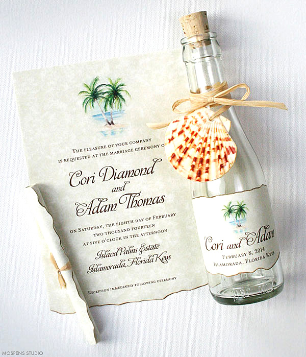 Destination wedding bottle invitation with watercolor florida palm trees | www.mospensstudio.com
