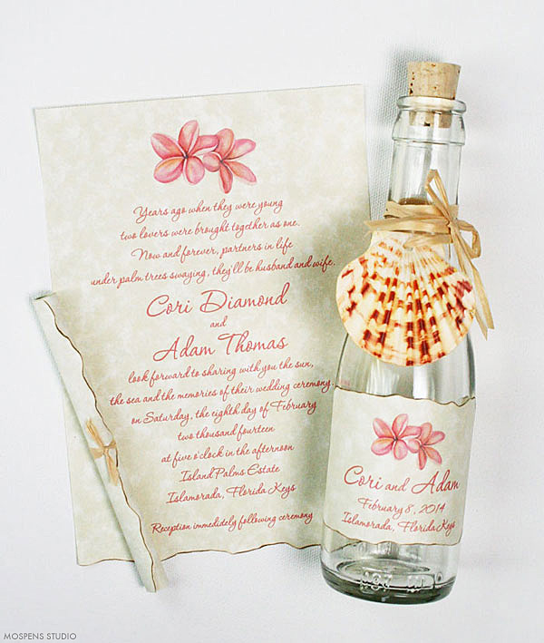 Plumeria wedding bottle invitation with watercolor plumeria flowers | www.mospensstudio.com
