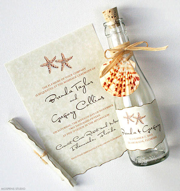 Beach wedding bottle invitation with watercolor starfish | www.mospensstudio.com
