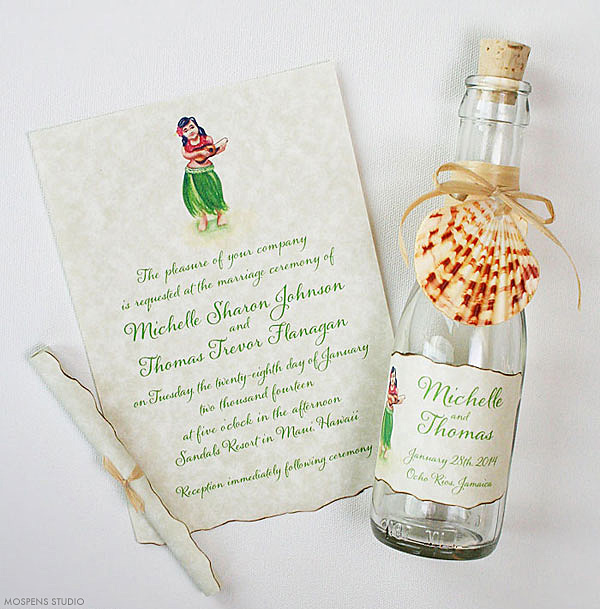 Destination wedding bottle invitation with watercolor hula girl | www.mospensstudio.com