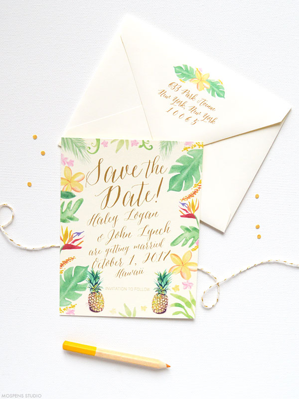 Tropical save the dates with pineapples | www.mospensstudio.com