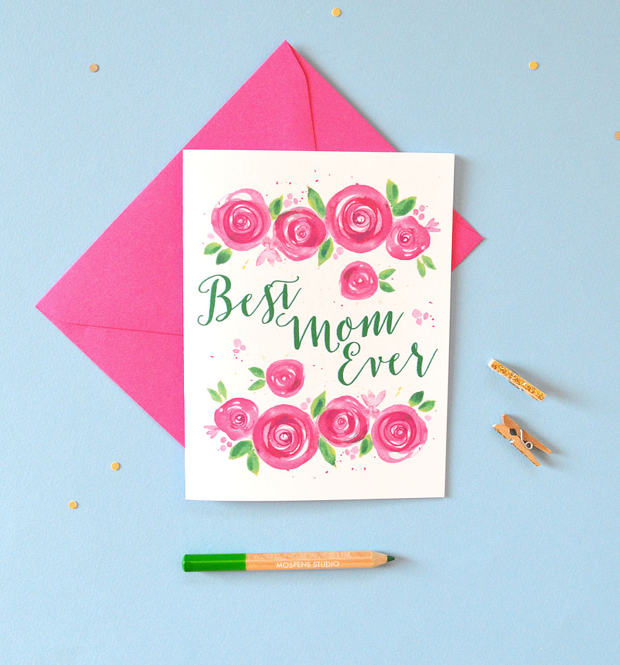 Bright pink rose blooms watercolor flowers Mother's Day Card by artist Michelle Mospens - www.mospensstudio.com