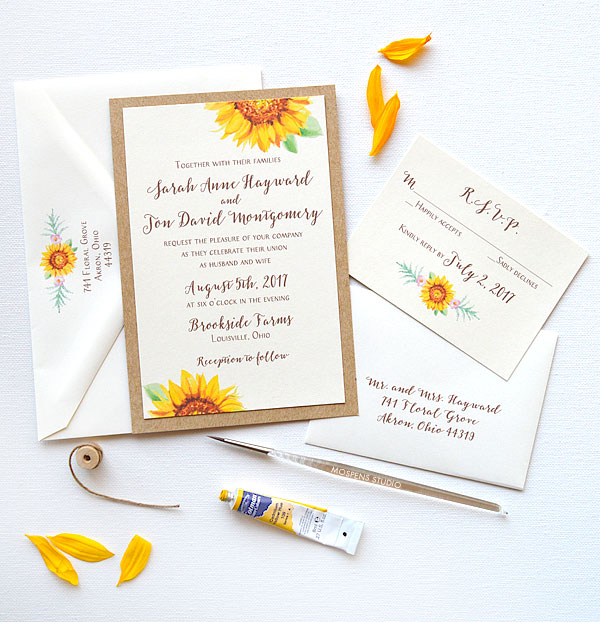 Hand painted sunflower rustic wedding invitations by artist Michelle Mospens. www.mospensstudio.com
