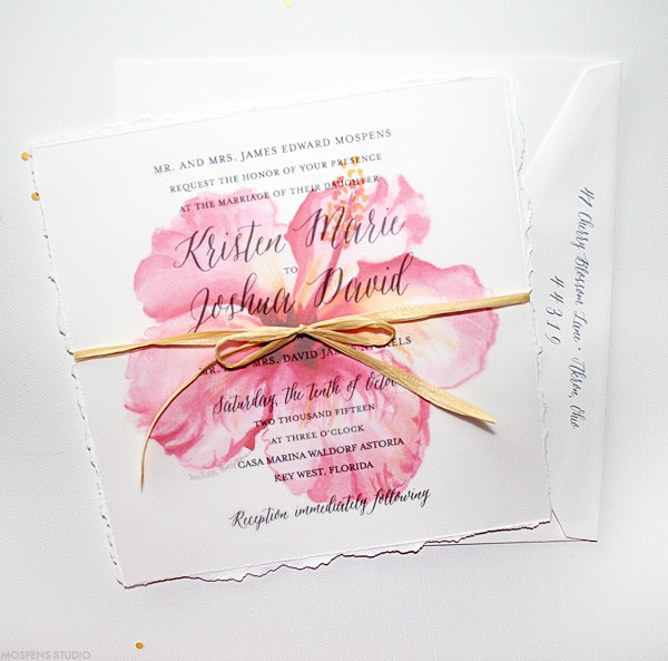 Beach Wedding Invitations | Tropical Watercolor Hibiscus | Mospens Studio