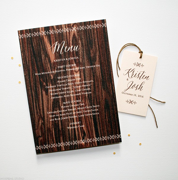 Rustic barn wedding menu and favor tag | www.mospensstudio.com