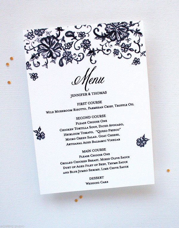 Vintage Wedding Menus with Chantilly Lace | Mospens Studio