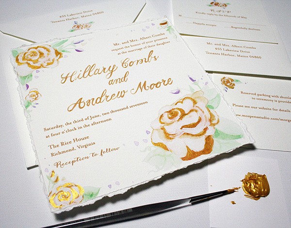 Hand-painted gold roses watercolor wedding invitations | www.mospensstudio.com