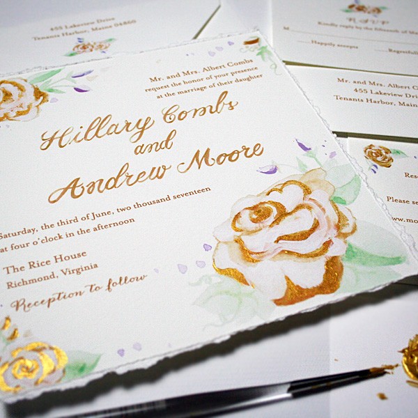 Hand-painted gold metallic sparkling wedding invitations | www.mospensstudio.com