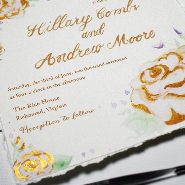 Hand-painted gold floral wedding invitations | www.mospensstudio.com