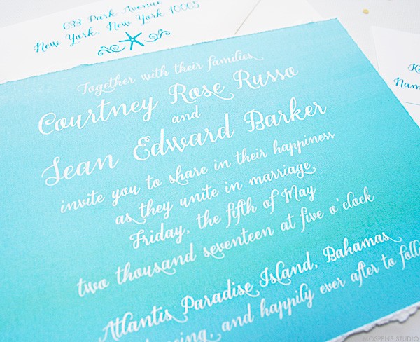 Turquoise watercolor beach wedding invitations | www.mospensstudio.com