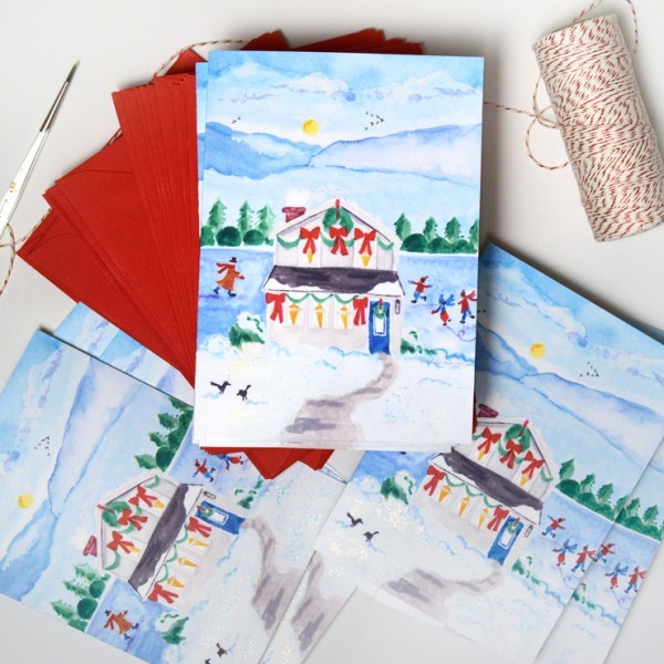 Custom illustrated lake cottage Christmas Cards. - www.mospensstudio.com