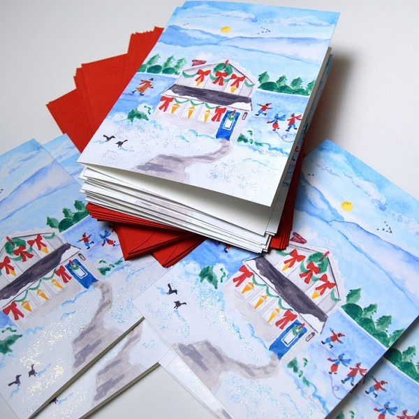 Custom illustrated lake cottage Christmas Cards. - www.mospensstudio.com