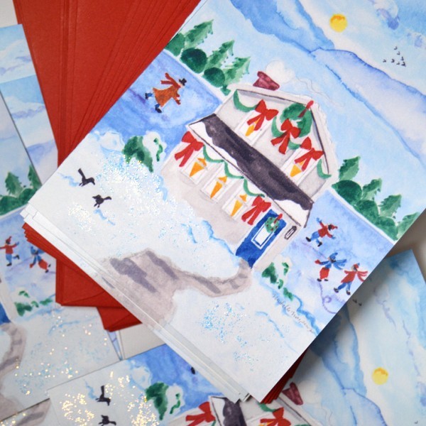 Custom illustrated lake cottage Christmas Cards. - www.mospensstudio.com