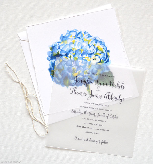 Blue watercolor hydrangea flower wedding invitations - www.mospensstudio.com