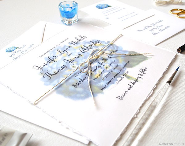 Blue watercolor hydrangea flower wedding invitations - www.mospensstudio.com