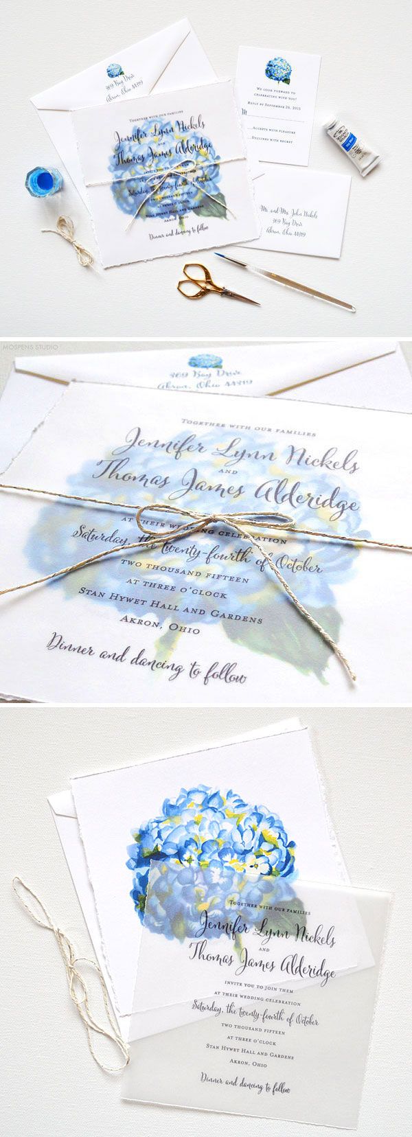 Send your guests an art print invitation! Watercolor Wedding Invitation Suite with original hand painted blue hydrangea flower art, hand torn edging, and twine! - www.mospensstudio.com
