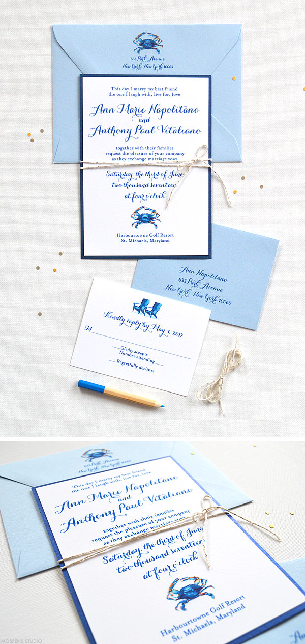 Watercolor blue crab wedding invitation suite - www.mospensstudio.com