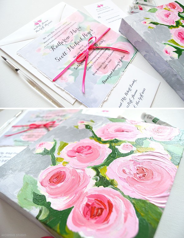Handmade wedding invitations with hand painted flowers - www.mospensstudio.com