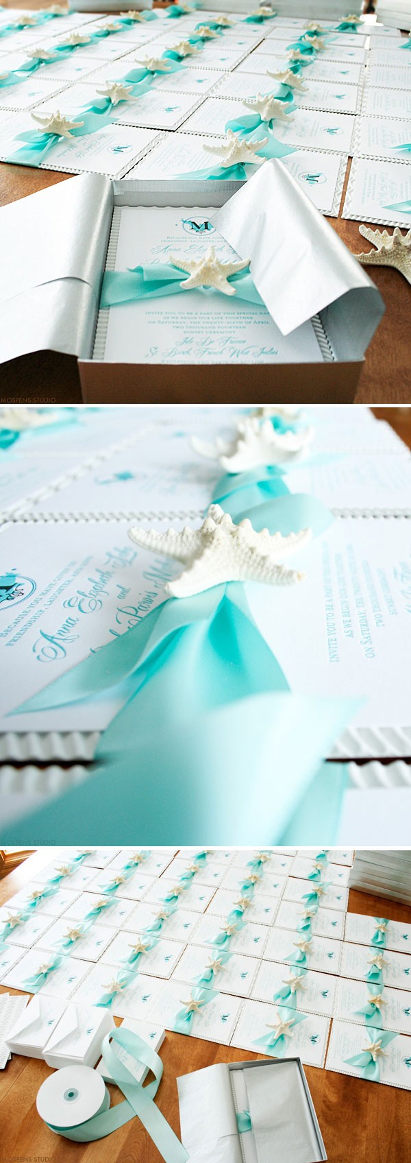 Beautiful Beach Wedding Invitations - The sea-worthy design features original art, ribbon, starfish, tissue paper, and invitation box. Completely customizable! Available online www.mospensstudio.com