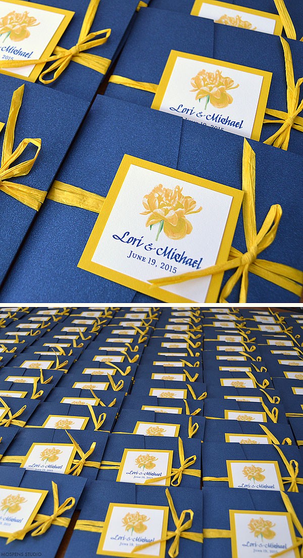 Navy blue and yellow watercolor wedding invitations - www.mospensstudio.com